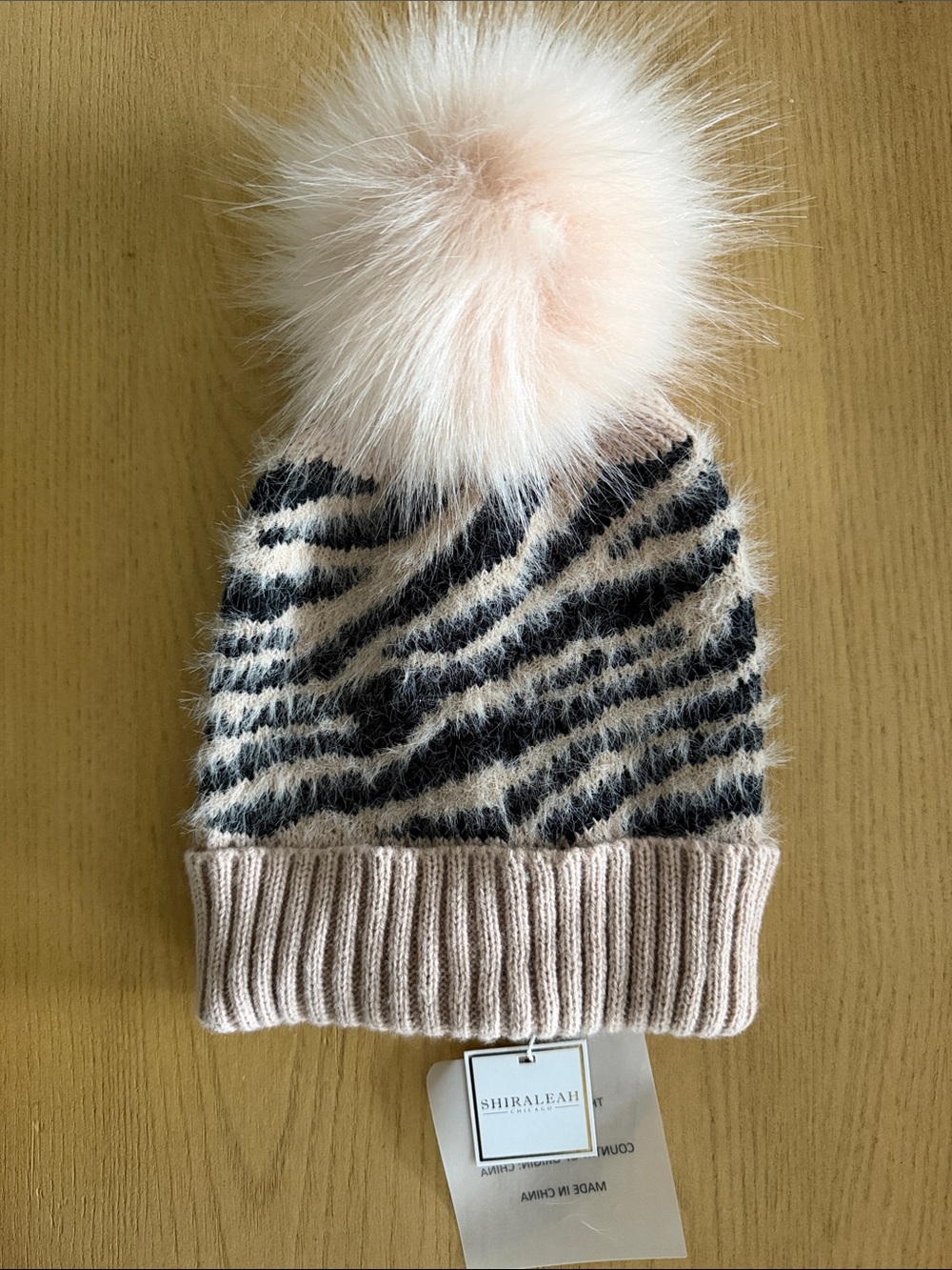 Shiraleah Faux-Fur Pom Zebra Animal Print Knit Beanie